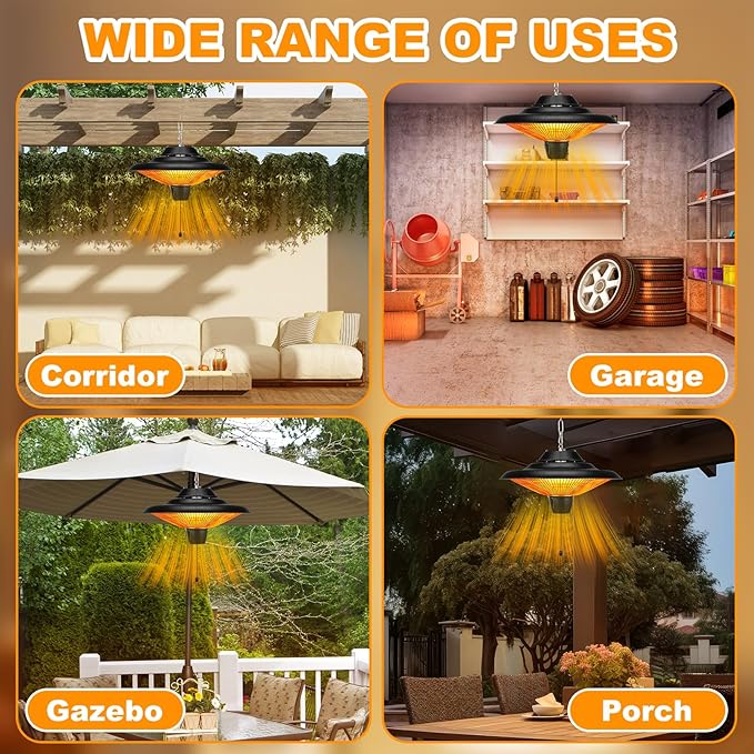 Glooglitter Outdoor Hanging Patio Heater 1500W Electric Hanging Ceiling Mounted Infrared Heater with Storage bag 3s Fast Heating, Quiet, Adjustable Chain, for Home Garage Balcony Studio