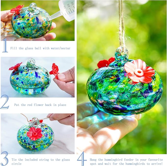 3.3OZ Glass Hummingbird Feeder with 2 Feeding Ports 3inch Blown Glass Hummingbird Feeder for Outdoors Hanging Garden Patio Decoration Uniques Gifts for Women