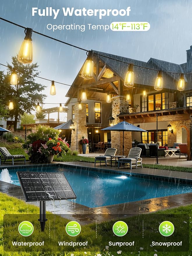 Svater 50FT Solar String Lights Outdoor with Remote, ST38 Patio Light with 19 LED Dimmable Shatterproof Bulbs, Solar Powered String Lights Waterproof for Cafes, Gardens, Bistro Warm White