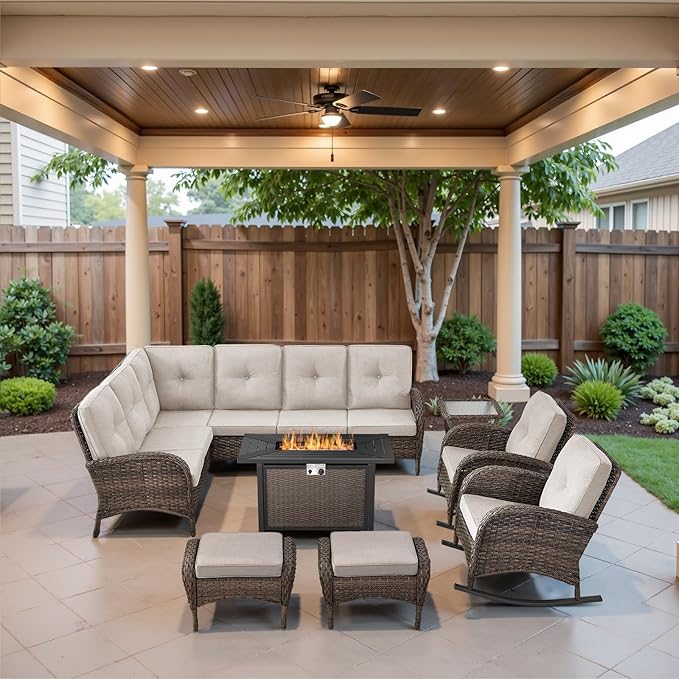 Belord 8 Pieces Patio Conversation Set with 43” Propane Fire Pit Table, Outdoor Sectional Furniture Sofa Set with Removable Beige Cushions for Patio Deck Backyard Brown