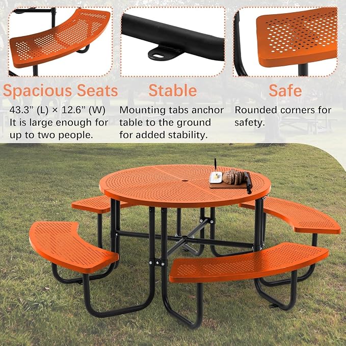 46" Round Metal Picnic Table with Umbrella Hole, Heavy Duty Outdoor Dining Set with Open Air Mesh Top, Stainless Steel Portable Table for Backyard, Patio, Garden - Orange (Orange-Round)