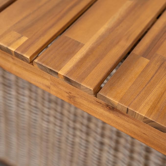 Merax 3-Piece Outdoor Dining Set Acacia Wood, 1 Table + 2 Benches, Slatted Design Tabletop & Woven Rattan Legs, Weather-Resistant Rectangle Patio Dining Set, Brown
