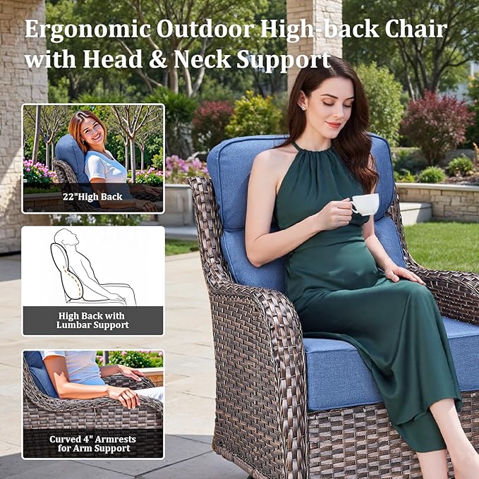 Luxury Outdoor Swivel Rocker Patio Chairs Set of 3, High Back Swivel Patio Chairs with Side Table & 6-Inch Thick Cushions, Wicker Outdoor Bistro Set for Porch, Yard, Deck, Poolside, Brown/Blue