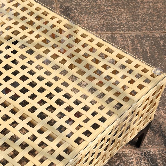 Outdoor Patio Coffee Table with Tempered Glass Top, Handwoven PE Wicker Patio Table with Metal Frame, All-Weather Rattan Coffee Table for Patio Furniture, Balcony, Backyard or Garden