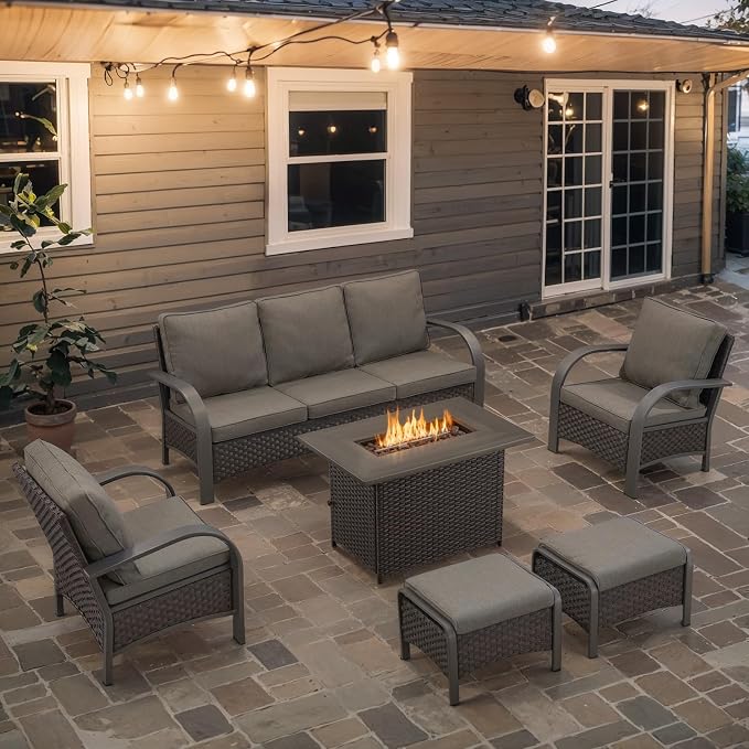 Belord 6 Pieces Patio Furniture Set with Fire Pit Table - 50000 BTU Propane Fire Pit, 2 Single Leisure Chairs, High Back Wicker Rattan Couch, Outdoor Conversation Set for Casual Gathering