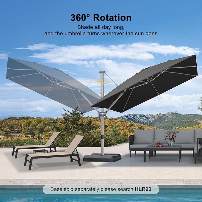 PURPLE LEAF 10’ X 10‘ Patio Umbrella Outdoor Cantilever Umbrella, Aluminum Offset Umbrella with Champagne Frame and 360° Rotation for Pool Deck Garden, Black