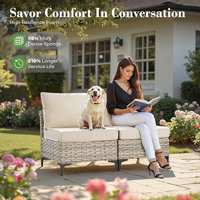 6 Pcs Patio Furniture with Fire Pit Table, Outdoor Rattan Wicker Conversation Set with Glowing Coffee Table, Comfy Sectional Sofa for Porch Balcony Backyard Pool, Beige