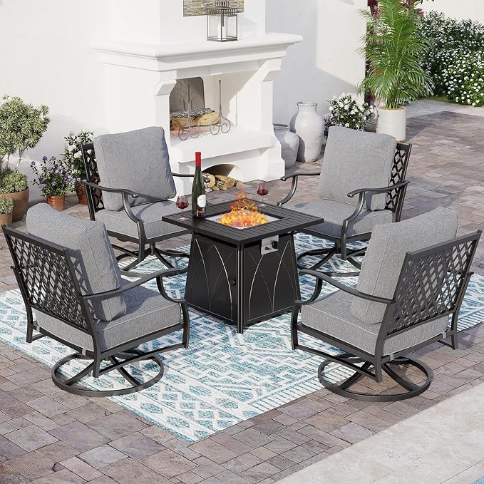 SUNSHINE VALLEY 5 Piece Metal Outdoor Patio Furniture Set with Fire Pit Table, Patio Conversation Sets 4 Swivel Chairs with 5.75" Thick Cushion and 5000 BTU Fire Pit Table, Backyard Furniture, Gray
