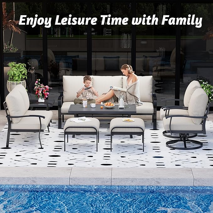 HOMREST Outdoor Furniture Thickened Cushion 360 Degree Swivel Rocking Patio Chairs with Ottomans and 3-Seat Sofa, Loveseat, Coffee Side Table, 8 PCS Metal Conversation Set for Garden, Deck, Poolside