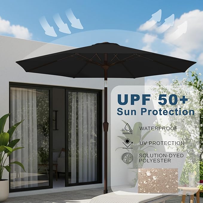 9ft Patio Umbrella with Push Button Tilt and Crank,Outdoor Market Table Umbrella UV Protection 8 Sturdy Ribs for Backyard,Garden,Pool,Deck(Black)