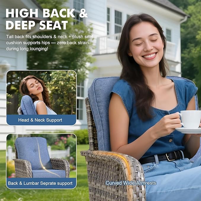 Weaxty 8 Pieces Outdoor Patio Furniture Sets with Swivel Rocking Patio Chairs and Loveseat Sofa,Coffee Table,All Weather Wicker Conversation Set for Deck Backyard Porch Poolside, Denim Blue