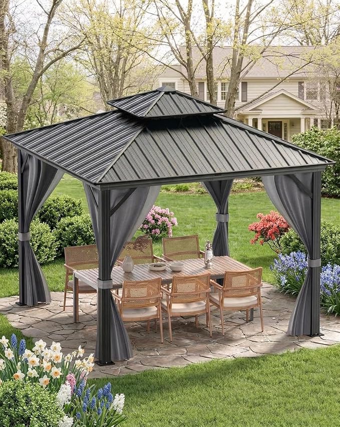 12x12 Gazebo Hardtop, Aluminum Frame Gazebos with Galvanized Steel Double Roof, Mosquito Net & Privacy Curtain,for Patio, Porch, Garden, Lawn, Deck, Backyard
