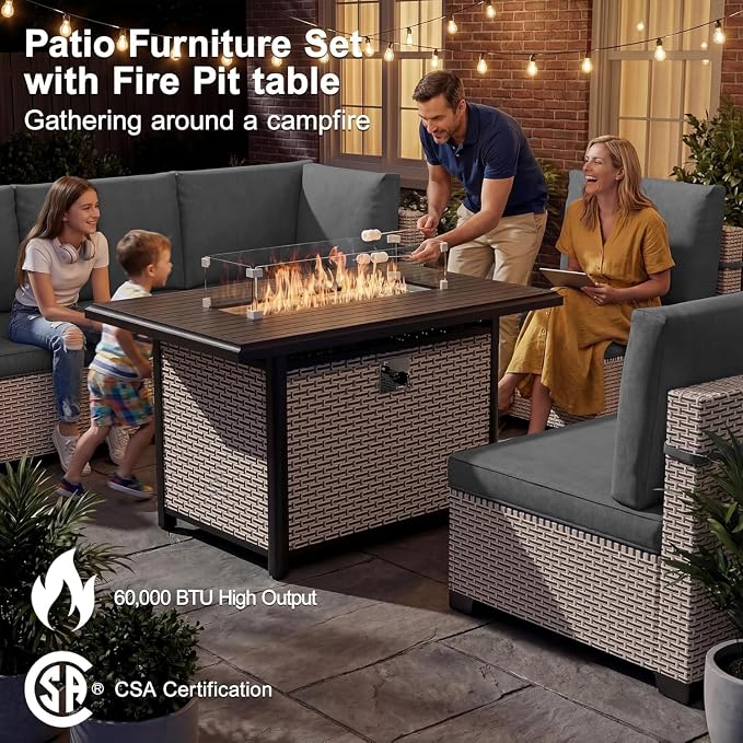 9-Piece Patio Furniture Set, Outdoor Swivel Rocking Chairs Set with 55,000 BTU Fire Pit Table,All Weather Conversation Set for Porch Poolside Balcony