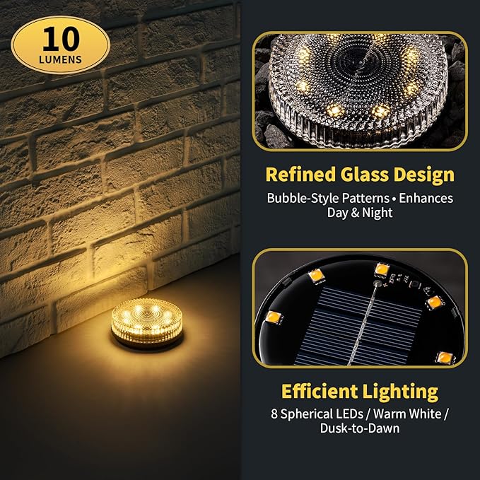 Glass Solar Pathway Lights with Bubble Style, Modular-Design Waterproof In-Ground Light for Patio Pathway Lawn Yard Deck Walkway, Decorative Disk Lighting for Garden Bed, Warm White (2 Pack)