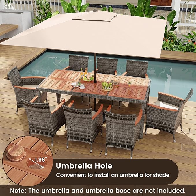 KOTEK 9 Piece Outdoor Dining Set, Wicker Patio Dining Set for 8 with Acacia Wood Table & Chairs, 1.96'' Umbrella Hole, Patio Table and Chairs Set for Backyard, Deck, Garden (Mix Grey)