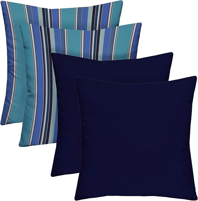 RSH DECOR Indoor Outdoor Sunbrella Set of 4 Square Pillows (24" x 24", Dolce Oasis & Canvas Navy) - Made in USA