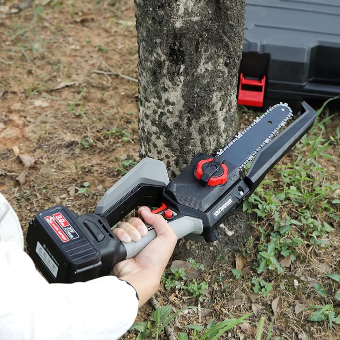 8 Inch Mini Chainsaw Cordless, 1150W 5000RPM Brushless Handheld Electric Chain Saw with Chain Guide Plate 2x3.0A Batteries and Other 6 Accessories, for Tree Branch Wood Cutting, Garden Tools Gift