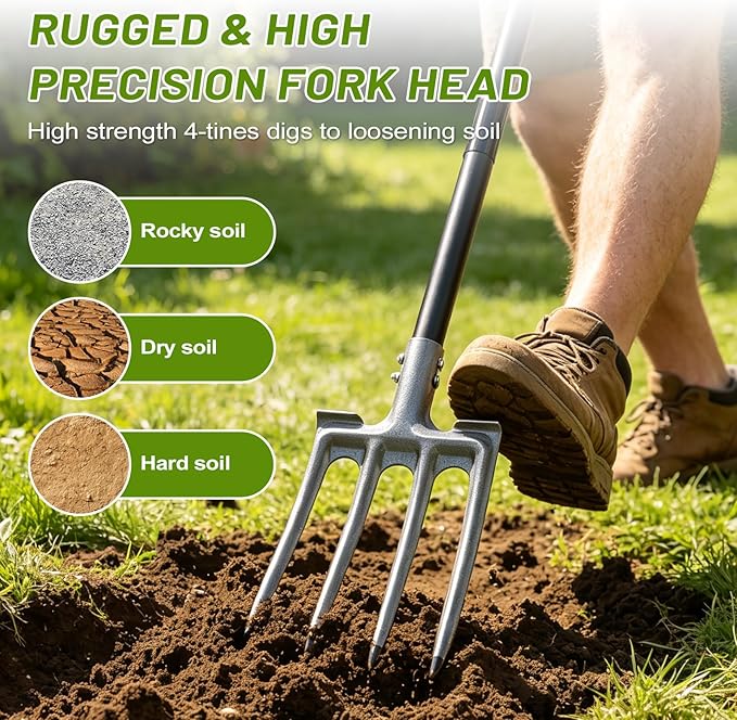 Pitch Fork, 46 inch Garden Fork with Metal 4 Tines & Ergonomic D Handle, Heavy Duty Pitchforks for Gardening Digging Composting Soil Loosening