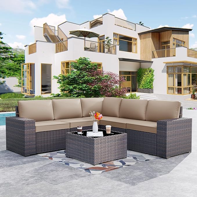 Patio Furniture Set Sofa 6-Pieces Wicker Sectional Sofa Set, Outdoor Furniture Rattan Patio Conversation Set with Thickened Cushion and Glass Coffee Table, Sand