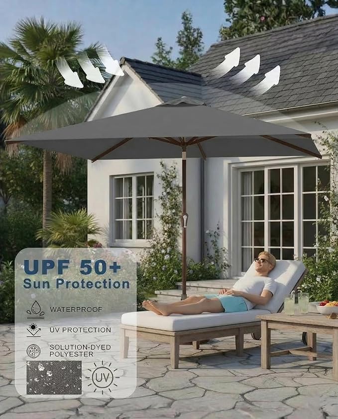 6.5x10FT Patio Umbrella, Outdoor Umbrella with Push Button Tilt and Crank, 8 Sturdy Ribs, UV Protection & Waterproof Market Umbrella for Pool, Backyard, Beach,Deck (Gray)