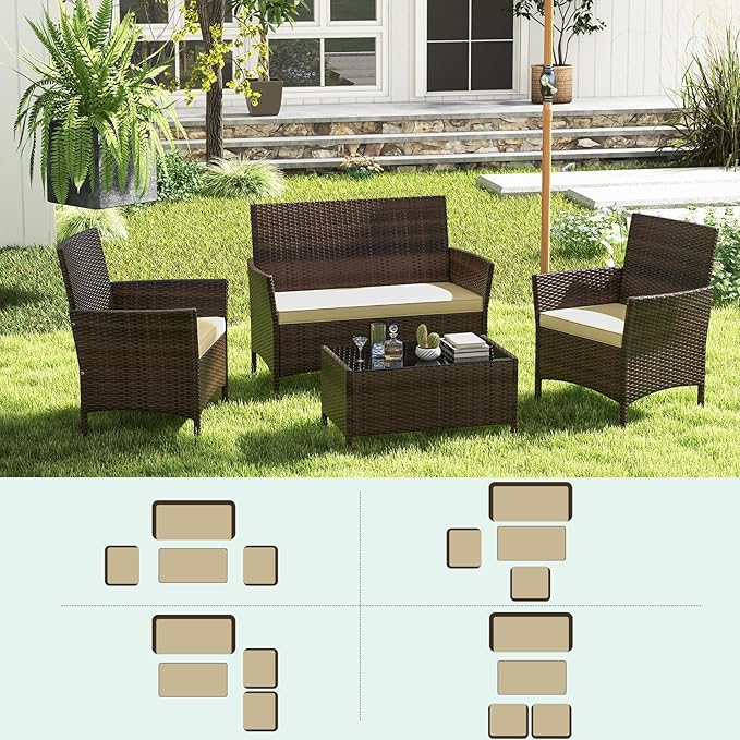 RELAX4LIFE 4-Piece Patio Furniture Set - Rattan Outdoor Conversation Bistro Set w/Cushions, Glass Coffee Table, Wicker Chairs & Loveseat for Garden Backyard Porch, Balcony Furniture Set (1, Beige)