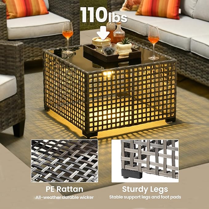 ovios Outdoor Side Table with Tempered Glass Top, Patio Wicker Rattan Solar Lights Tables for All-Weather Porch Deck Balcony Garden Poolside (Grey-Medium Size)