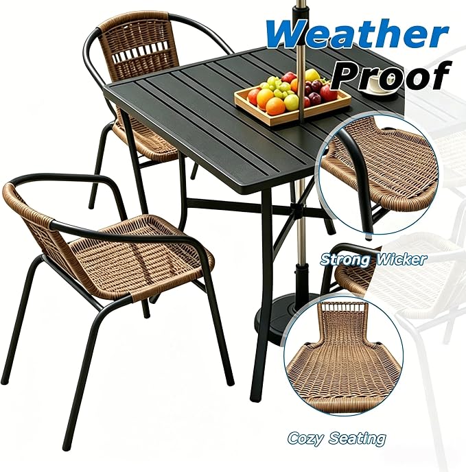 Outdoor Patio Furniture Set 5 Piece with 4 Brwon Stackable Rattan Chairs and Black Outdoor Metal Dining Table with Umbrella Hole
