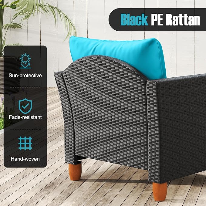 HAPPYGRILL 3 Pieces Patio Conversation Set with Storage Coffee Table, PE Rattan Wicker Patio Furniture Set with Cushions, Outdoor Acacia Wood Sofa Set for Balcony Backyard Porch Garden