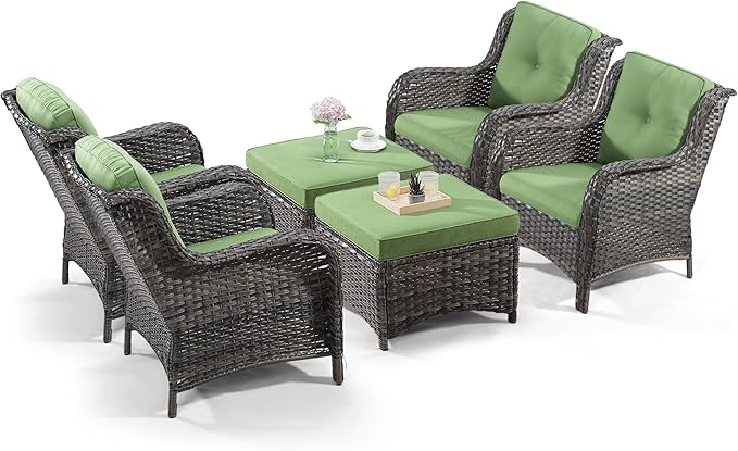 Wicker Chair Set 6 Pieces - Outdoor Wicker Patio Furniture Set with 4 Armchairs and 2 Ottomans, Olefin Cushions Included(Mixed Grey/Green)