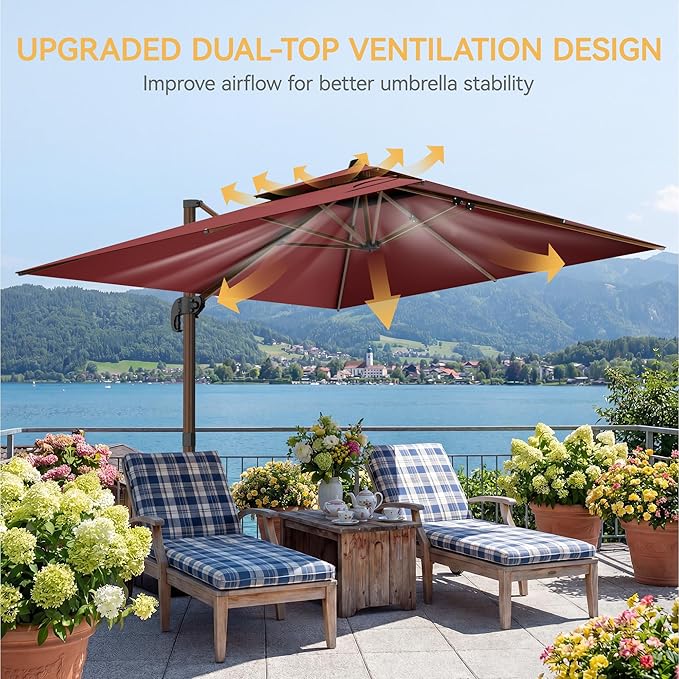 10x13 FT Wood Pattern Patio Umbrella, Large Deluxe Cantilever Rectangular Double Top Heavy Duty Offset Umbrellas with 360° Rotation, Outdoor shade for Garden Deck Pool Patio, Red