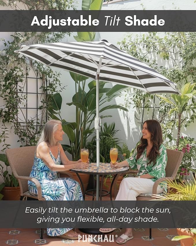 6 Ft Boho Outdoor Patio Umbrella, 6 Foot Patio Table Umbrella, Easy Open/Close Crank and Push Button Tilt Adjustment, Black & White Striped