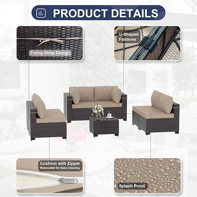 Patio Furniture Set 7PCS Outdoor Furniture for Backyard Sectional Sofa Set, Rattan Wicker Patio Conversation Set with 4 Inch Thickened Cushions and Glass Coffee Table, Sand
