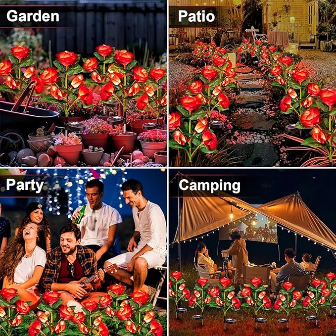 Anordsem Solar Garden Lights Outdoor: 20 Artificial Fabric Red Roses Flowers 4 Pack- LED Flower Decorations for Cemetery Grave Pathway Yard- Mothers Day Gifts for Women, Wife and Mother
