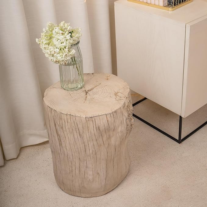 COSIEST 2 Pieses Outdoor Side Table, Hand-Painted Wood Stump Side Table Set of 2, Faux Wood Stool, Ottomans, Plant Stand, Deck or Garden (Antique Beige)