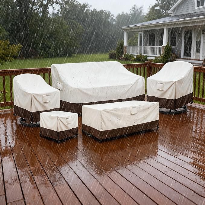 Patio Ottoman Cover Waterproof Patio Wicker Side Table Cover, 25W x 25D x 18H Inches Outdoor Lawn Patio Furniture Covers, Beige