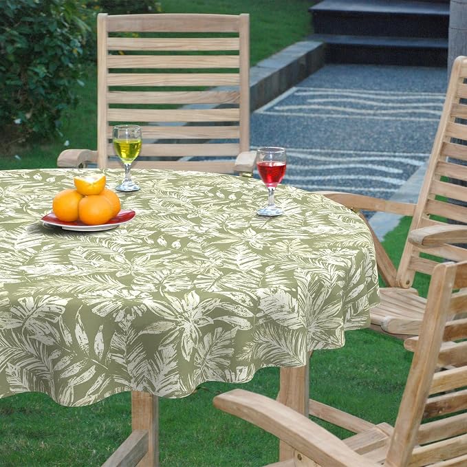 DYTXIII Outdoor Round Tablecloth with Umbrella Hole 60 Inch, Water Repellent & Fade Resistant Table Cover, All Weather Outdoor Tablecloth for Garden & Party Table, Tropical Leaf Green