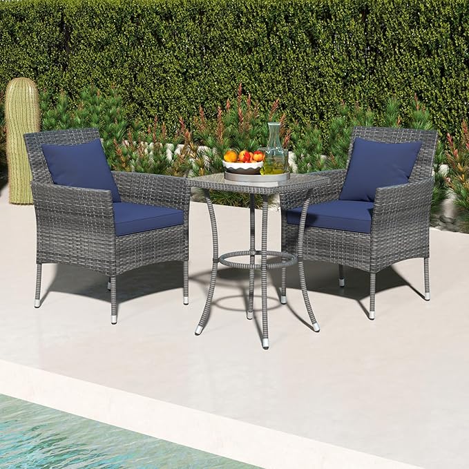 Tangkula 3-Piece Patio Furniture Set, PE Wicker Conversation Bistro Set w/A Tempered Glass Table & 2 Cushioned Chairs, Outdoor Table & Chairs Set for Patio Porch Yard Garden (Mix Gray+Navy)