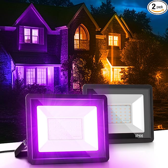 L LOHAS LED Purple Christmas Halloween Flood Light Outdoor, 𝑨𝒖𝒕𝒐 𝑶𝑵/𝑶𝑭𝑭 50W Plug in Flood Light, IP66 Waterproof 2300lm Outdoor Lights for Yard, Garage, Party, UL Listed