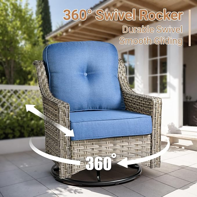 HOOOWOOO Patio Furniture Set,5 Pieces Wicker Outdoor Furniture,High Back Conversation Set with All Weather Resistant Fire Pit Table Couch Swivel Chairs,Diamond Blue