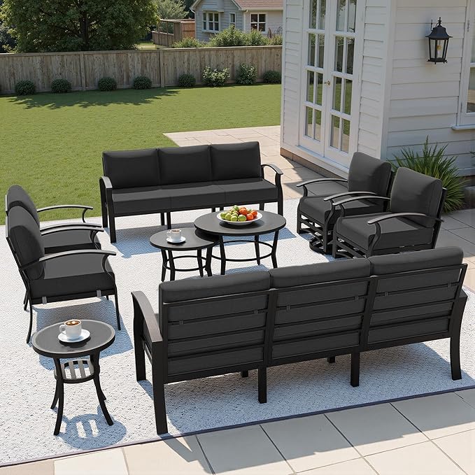 Kullavik Aluminum Patio Furniture Set with Round Coffee Tables,10-seat Metal Outdoor Sectional Furniture w/5.1" Cushions,Patio Conversation Sets with Swivel Chairs for Garden,Backyard,Porch-Black