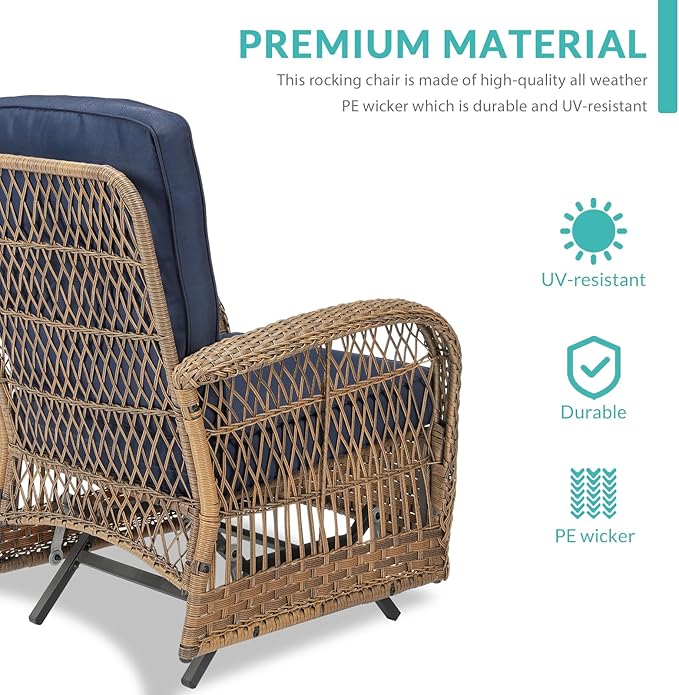 MEETWARM Patio Wicker Rocking Glider Set, All-Weather Outdoor Rattan Patio Rocking Chairs of 2, Patio Conversation Set with Thickened Cushions for Porch Garden & Backyard, Navy Blue