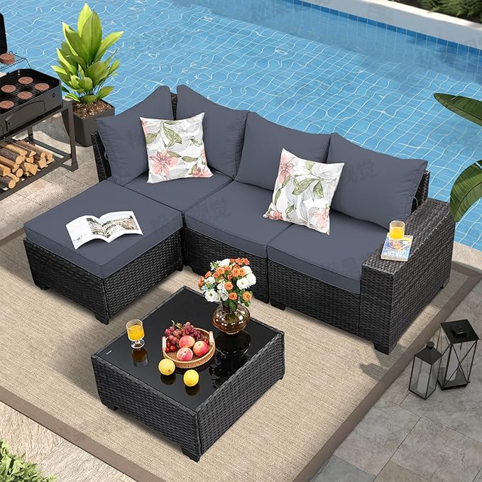 5 Pieces Patio Furniture Set, Wicker Outdoor Conversation Sets with Tea Table, Rattan Patio Sofa with Thick Cushions for Garden, Backyard Porch, Poolside, Patry, Gray
