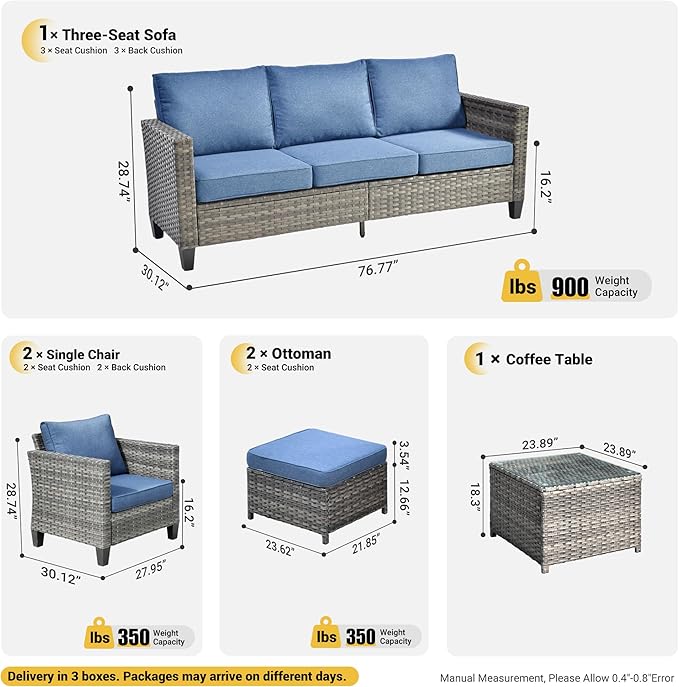 ovios 6 Pieces Patio Furniture Set, Outdoor Wicker Rattan Sofa Couch with Glass Table, Chairs, Comfy Cushions, Conversation Sets for Porch Deck Garden, Denim Blue