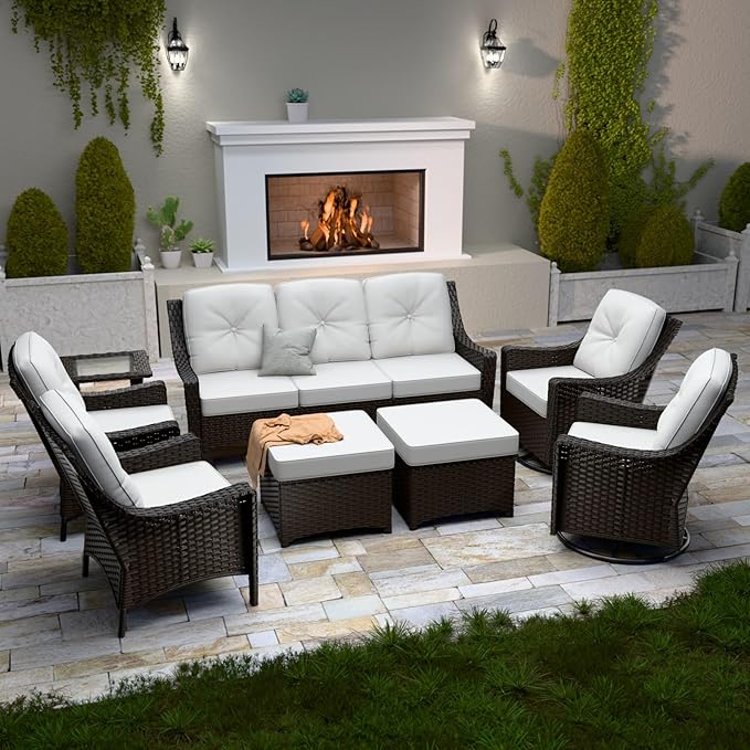 Stone Creek Outdoor Furniture Set with Swivel Rocking Chairs, Patio Chairs, 3 Seater Couch, Side Table & Ottomans, Wicker Patio Conversation Set, Balcony Furniture, 8 Piece, Brown/Beige