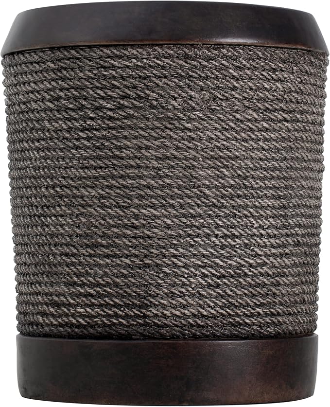 Outdoor Side Table, Small Round Pedestal End Table with Rope Texture & Vintage Trim, Farmhouse Boho Accent Table for Indoor Outdoor Living Room Bedroom Patio, No Assembly, 15.7" D x 18.1" H