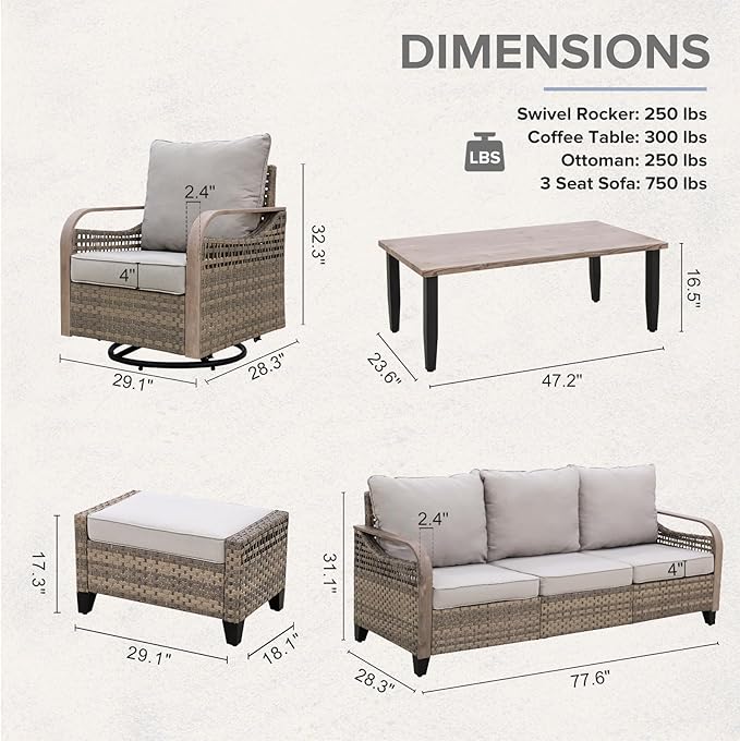 COOS BAY Modern Wicker Outdoor Furniture Set, 6 Piece Patio Conversation Set with 2 Swivel Rockers, a 3 Seat Couch, 2 Ottomans and Coffee Table, 6 Piece, Brown/Gray