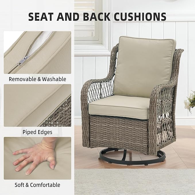 GarveeHome 3 Piece Outdoor Patio Set, Wicker Rocking Bistro Set with 2 Swivel Chairs & Tempered Glass Top Table, Rattan Outdoor Furniture with Cushions for Patio Porch Backyard
