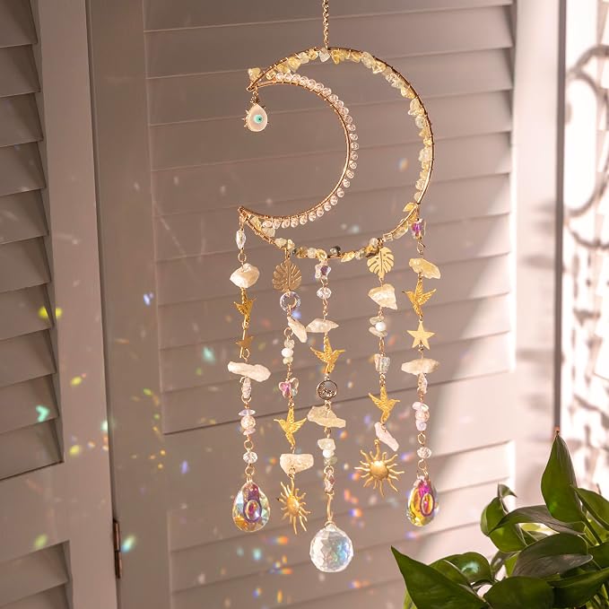 Crystal Suncatchers - Dreamsum Crystals Suncatcher for Window Hanging | Wind Chime, Garden Sun Catchers with Crystals, Rainbow Maker Indoor Outdoor Decor Handmade Gold Plated Suncatcher