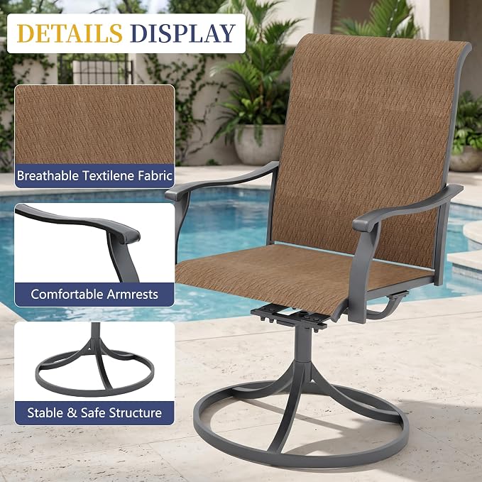 Anmutig 7 Pieces Outdoor Patio Dining Set 6 Swivel Patio Dining Chairs Textilene & 1 Rectangle Outdoor Dining Table for Backyard Bistro Garden Outdoor Furniture Set Brown
