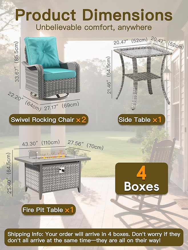 7-Piece Outdoor Conversation Set with 43" Fire Pit Table, 4 Swivel Rocking Chairs (4" Cushions) & 2 Side Tables, All-Weather PE Rattan & Steel Frame for Porch, Deck, Backyard, Turquoise
